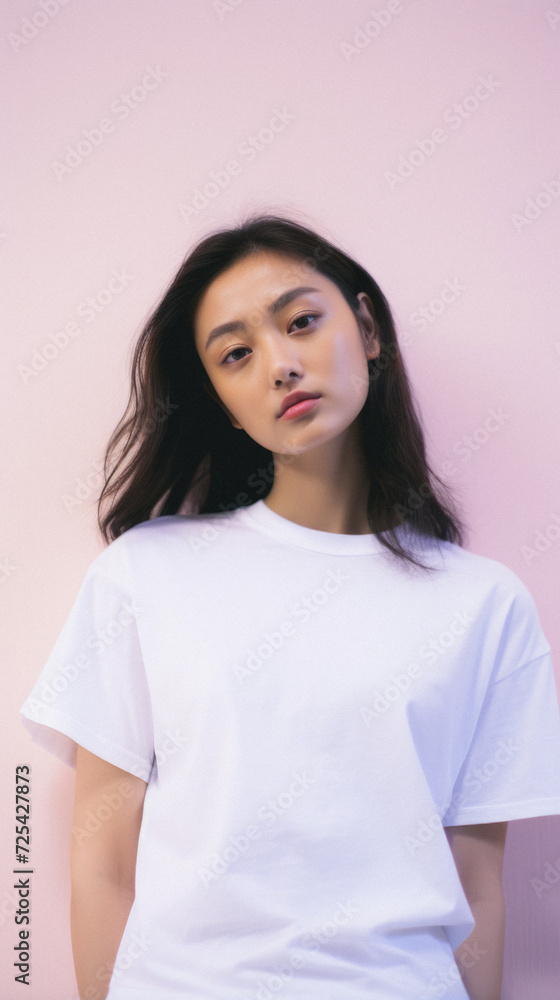 Young pretty Asian woman model wearing tshirt looking at camera standing on color background. Face skin care korean cosmetic and makeup, fashion ads. Beauty portrait. White t-shirt mock up template . Young pretty Asian woman model wearing tshirt looking at camera standing on color background. Face skin care korean cosmetic and makeup, fashion ads. Beauty portrait. White t-shirt mock up template .