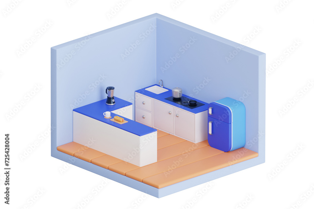 kitchen room 3d illustration. 3D isometric kitchen room kitchen room 3d illustration. 3D isometric kitchen room