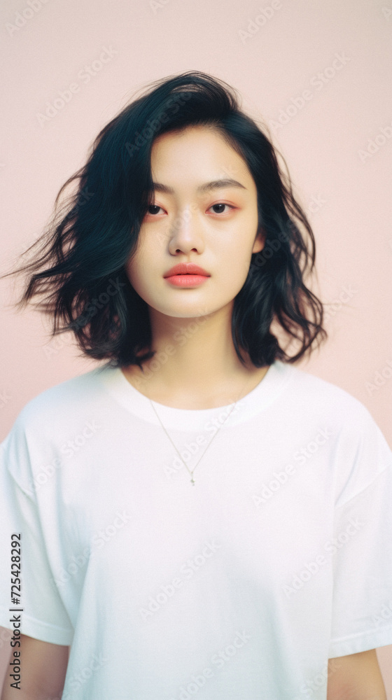 Young pretty Asian woman model wearing tshirt looking at camera standing on color background. Face skin care korean cosmetic and makeup, fashion ads. Beauty portrait. White t-shirt mock up template . Young pretty Asian woman model wearing tshirt looking at camera standing on color background. Face skin care korean cosmetic and makeup, fashion ads. Beauty portrait. White t-shirt mock up template .