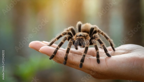A giant tarantula spider on a human's palm, in a hand