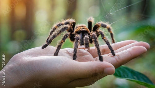 A giant tarantula spider on a human's palm, in a hand