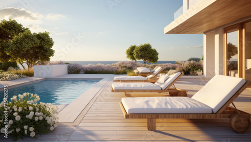 Luxury poolside loungers at a modern villa overlooking the sea © Robert Kneschke