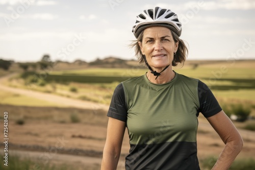 Portrait of senior woman in bicycle helmet smiling at camera in countryside © Nerea