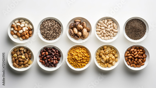 Assorted legumes in bowls on white background for healthy diet