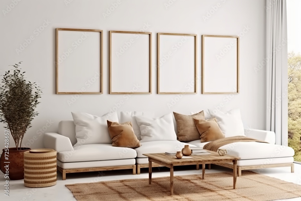 Empty white poster frames hang on a white wall above a beige sofa in a living room. Made with generative AI technology Empty white poster frames hang on a white wall above a beige sofa in a living room. Made with generative AI technology