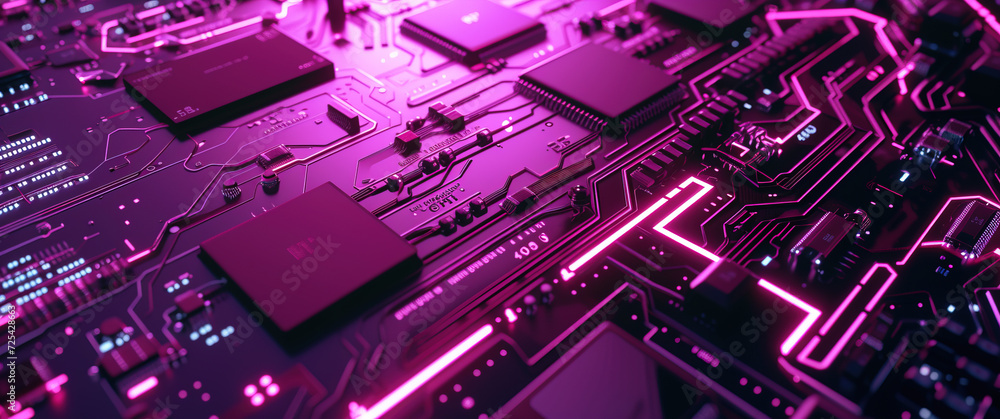 Circuit Board with Digital Code Abstract Technology Background Featuring Computer Chip, Electronics, and Macro Details, Abstract Background Purple Digital Texture Light Ultra wide banner cover 21:9