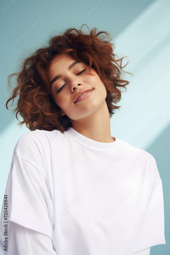 Young adult pretty woman beauty model wearing white t-shirt posing with eyes closed on color background. Face flawless fresh skin hair care cosmetic treatment makeup products skincare ads . Young adult pretty woman beauty model wearing white t-shirt posing with eyes closed on color background. Face flawless fresh skin hair care cosmetic treatment makeup products skincare ads .
