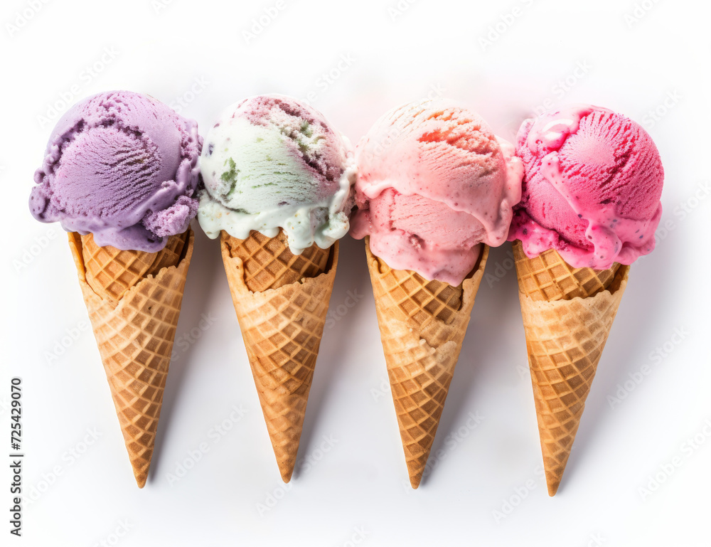 Assorted ice cream cones on white background for summer treats Assorted ice cream cones on white background for summer treats