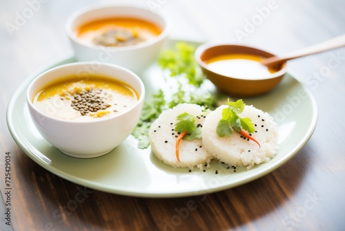 idli with coconut chutney and spicy lentils