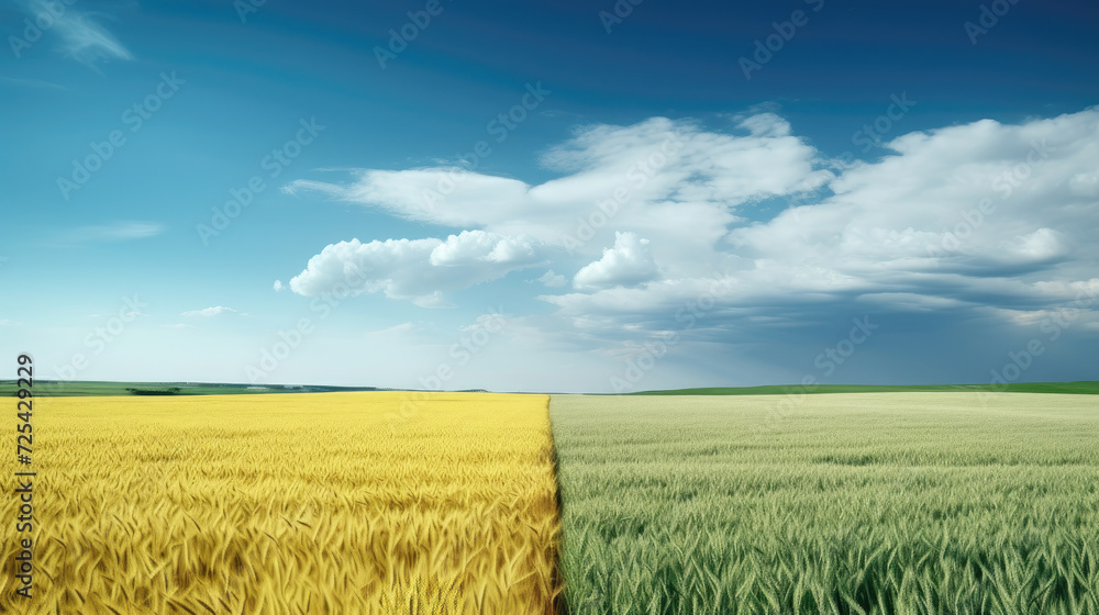 Wheat field divided into yellow and green underneath a blue summer sky