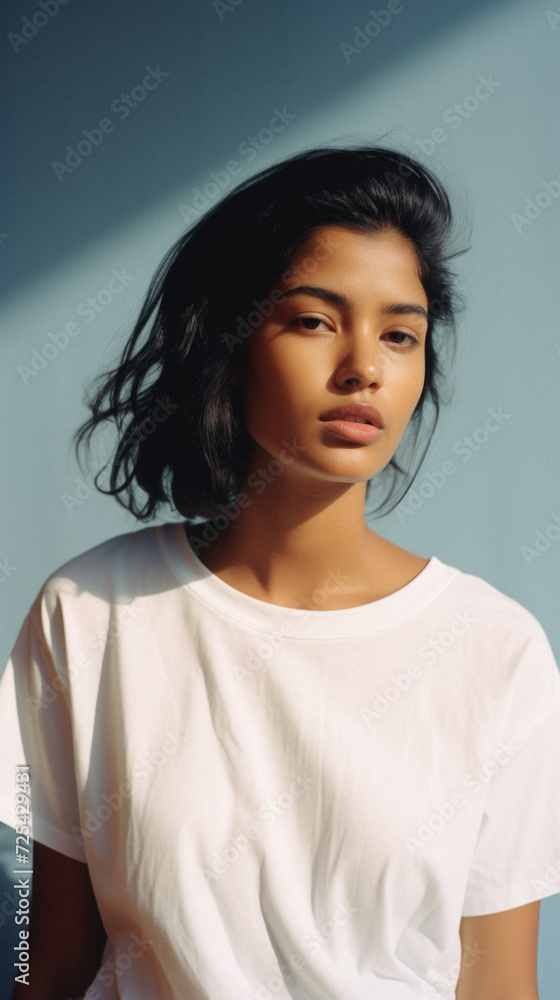 Young pretty cool Indian woman model wearing tshirt looking at camera standing on color background. Face skin care cosmetics makeup, fashion ads. Beauty portrait. White t-shirt mock up template. Young pretty cool Indian woman model wearing tshirt looking at camera standing on color background. Face skin care cosmetics makeup, fashion ads. Beauty portrait. White t-shirt mock up template.