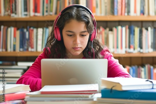 a girl wearing headphones looking at a laptop