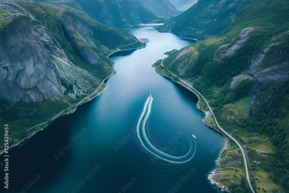 Fototapeta premium aerial view of a winding fjord with a small boat in the center
