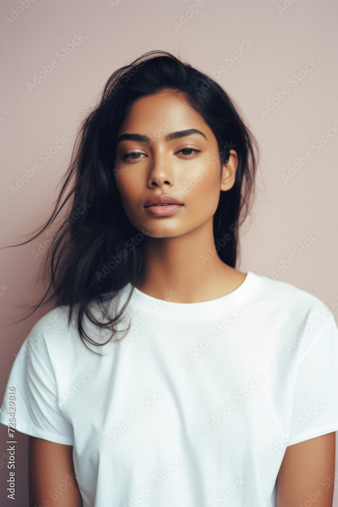 Fototapeta premium Young pretty cool Indian woman model wearing tshirt looking at camera standing on color background. Face skin care cosmetics makeup, fashion ads. Beauty portrait. White t-shirt mock up template .