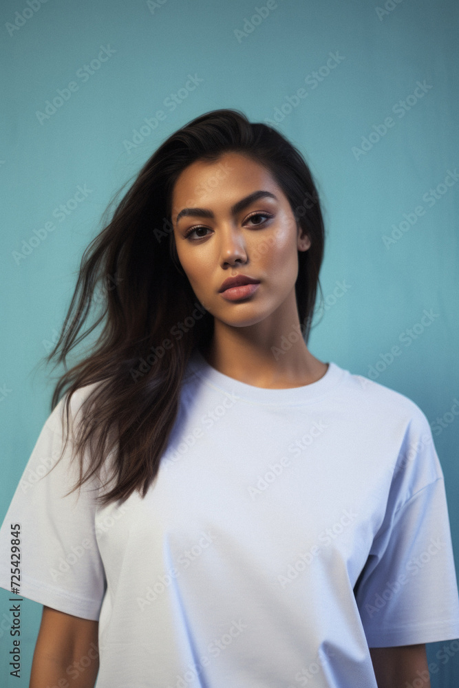Young pretty cool Indian woman model wearing tshirt looking at camera standing on color background. Face skin care cosmetics makeup, fashion ads. Beauty portrait. White t-shirt mock up template . Young pretty cool Indian woman model wearing tshirt looking at camera standing on color background. Face skin care cosmetics makeup, fashion ads. Beauty portrait. White t-shirt mock up template .