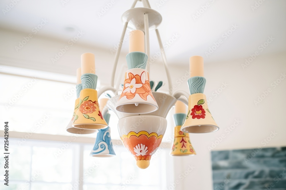 a ceramic chandelier hanging from a white ceiling a ceramic chandelier hanging from a white ceiling