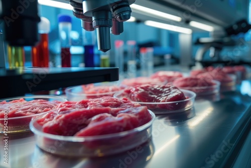 Meat in petri dishes in the laboratory. Technologies for the production of artificial plant-based meat photo