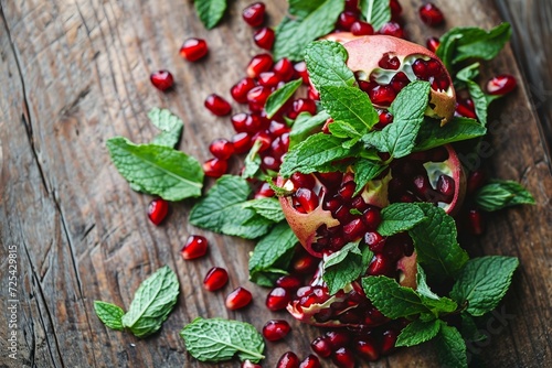a pomegranate with leaves on a wood surface
