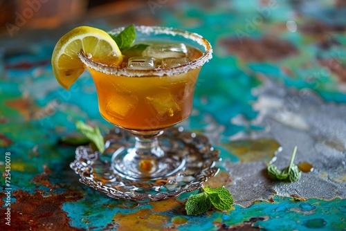 a glass with a drink and a lemon slice on top