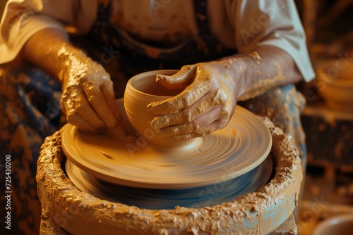 potter shaping pottery on a wheel with clay splatters