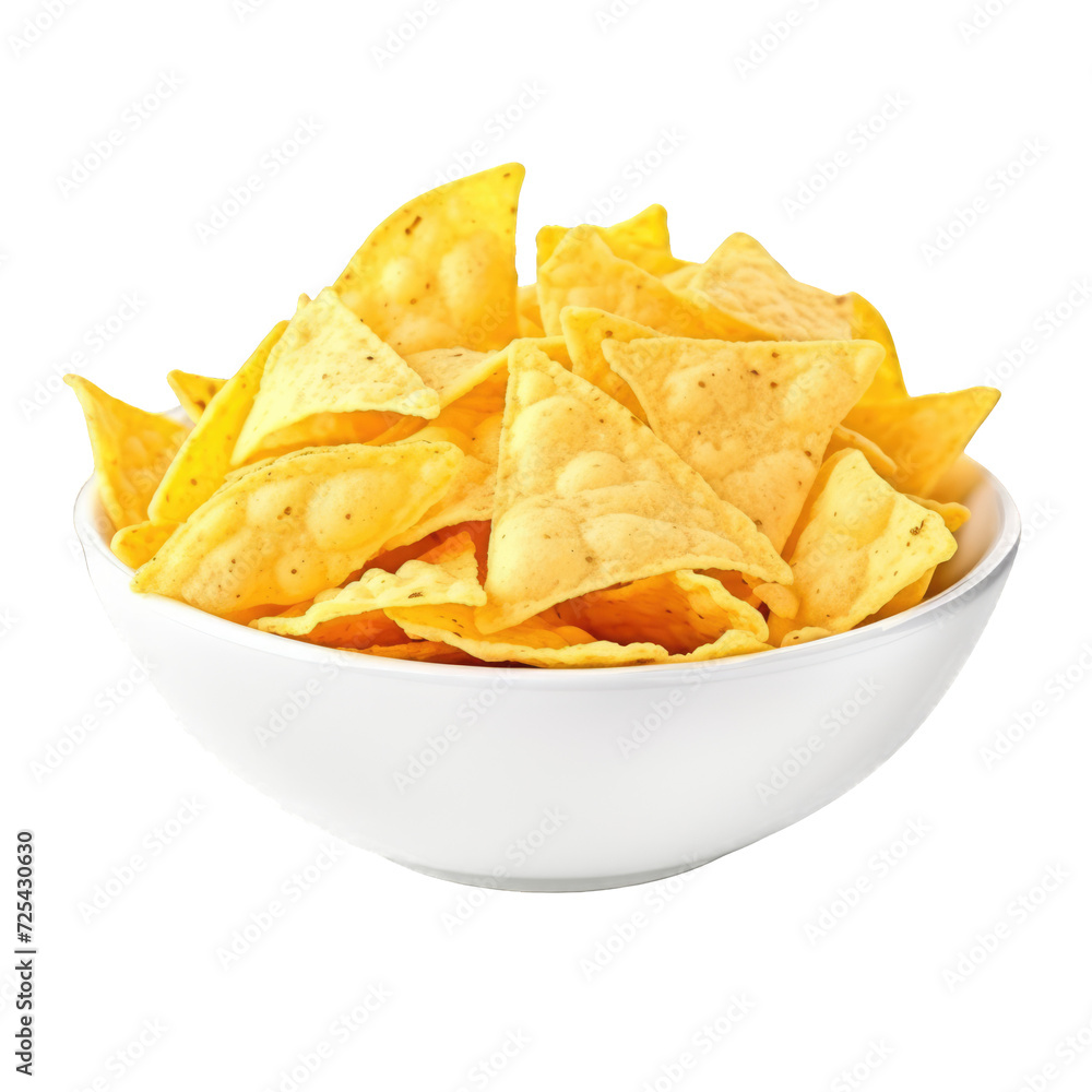 White bowl full of corn nachos isolated on a cutout PNG transparent background. Mexican food White bowl full of corn nachos isolated on a cutout PNG transparent background. Mexican food