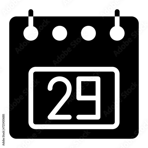 Calendar icon, date 29 design solid style vector illustration. Flat design style, black color. can be used for website, app mobile and software interfaces