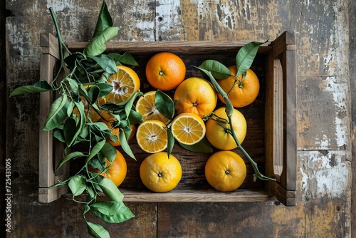 a wooden box with oranges and leaves