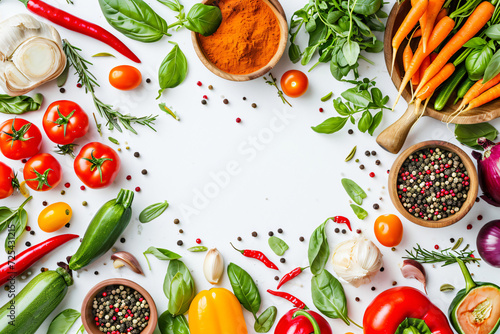 Top view of fresh foods and spices vegetables