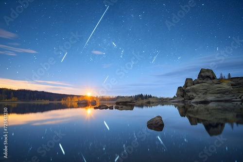 a meteor shower casting reflections on glassy lake