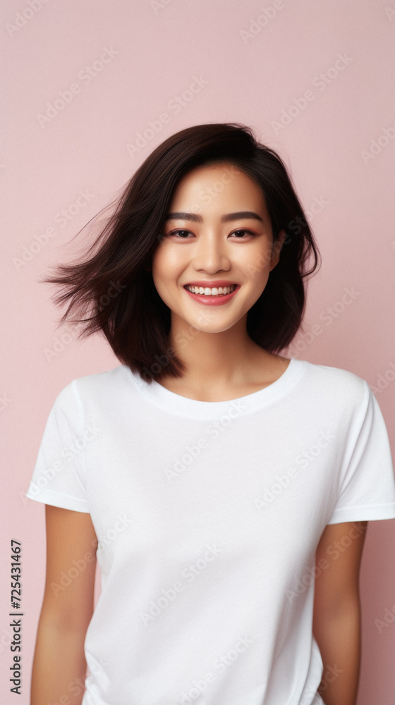 Young happy smiling Asian woman model wearing tshirt looking at camera on color background. Face skin hair care korean cosmetic and makeup, fashion ads. Beauty portrait. White t-shirt mock up template Young happy smiling Asian woman model wearing tshirt looking at camera on color background. Face skin hair care korean cosmetic and makeup, fashion ads. Beauty portrait. White t-shirt mock up template
