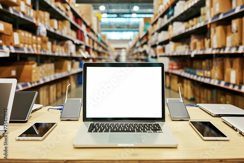 a laptop and cell phones on a table in a store