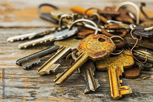 a bunch of keys on a wooden surface