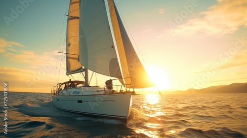 Sailing Yacht Cruising Ocean at Golden Sunset Light.