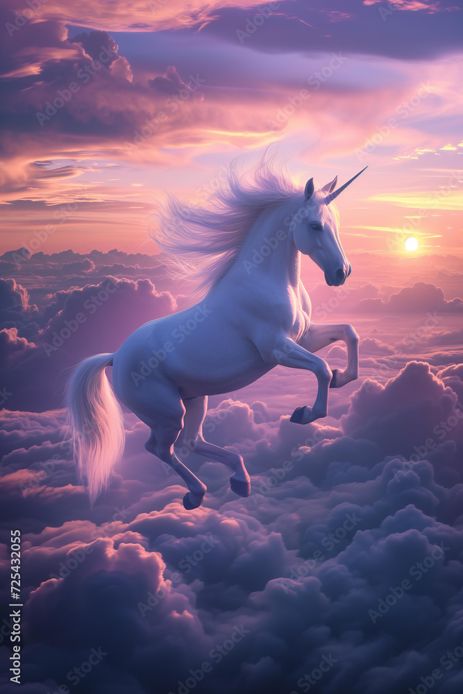 fantastic beautiful white unicorn jumps through the sky among the clouds at dawn. fantastic beautiful white unicorn jumps through the sky among the clouds at dawn.
