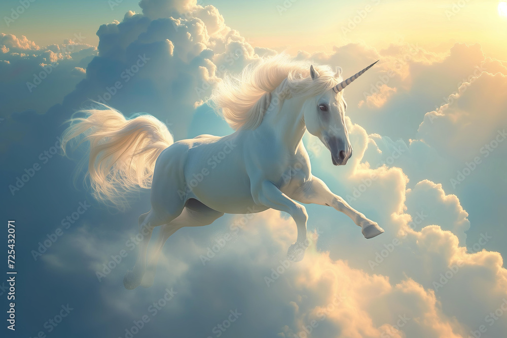  fantastic beautiful white unicorn jumps through the sky among the clouds at dawn. - obrazy, fototapety, plakaty 