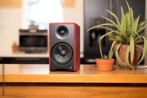 red and black studio monitor speakers on a desk