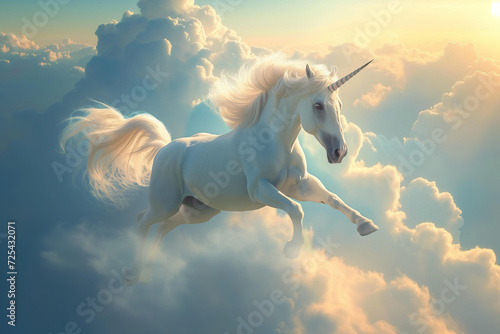 Fototapete fantastic beautiful white unicorn jumps through the sky among the clouds at dawn