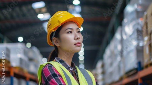 Portrait Asian woman worker supervisor smart confident look with engineer safety suit work in large factory warehouse industry © Sasint