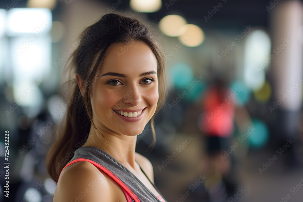 A friendly, beautiful sporty woman, wearing sporty clothes - the fitness trainer on the blurred background of gym. copy space. selective focus A friendly, beautiful sporty woman, wearing sporty clothes - the fitness trainer on the blurred background of gym. copy space. selective focus