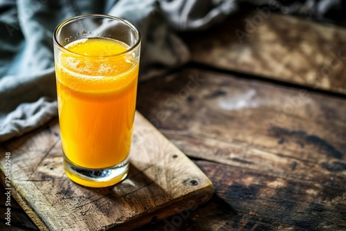 a glass of orange juice on a cutting board