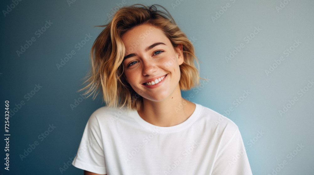 Fototapeta premium Young happy woman, smiling gen z girl model wearing tshirt looking at camera standing on color background. Face skin care cosmetics makeup, fashion ads. Beauty portrait. White t-shirt mock up template