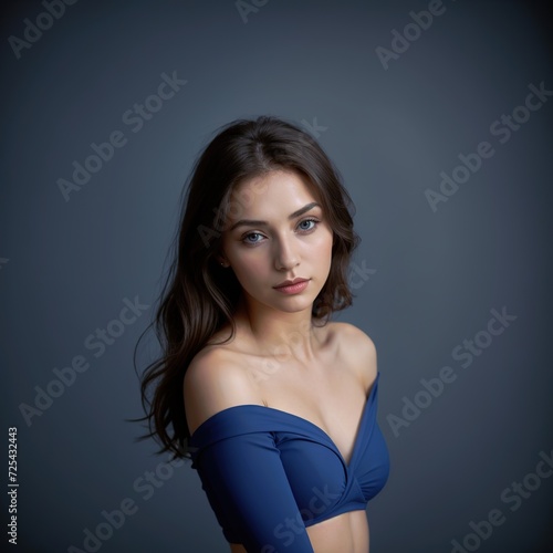 young woman with long hair and neutral makeup posing elegantly in a strapless blue dress against a simple gray backdrop.