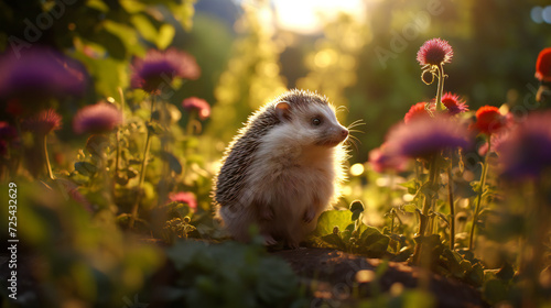 side view a cute hedgehog watching sunrise sitting in field of flowers