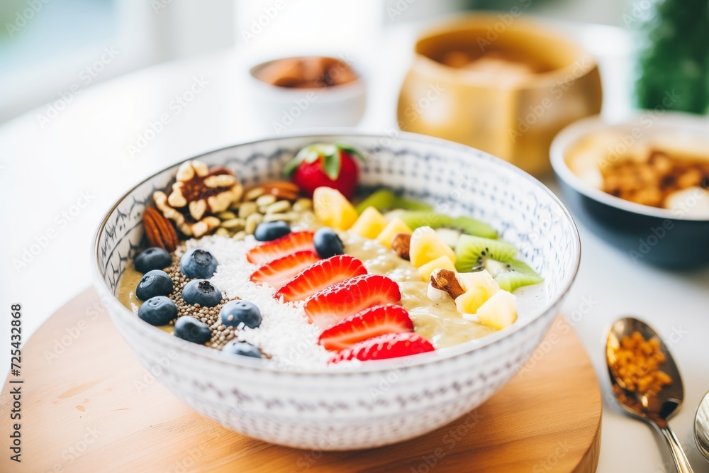 smoothie bowl topped with chia seeds, nuts, and fruits smoothie bowl topped with chia seeds, nuts, and fruits
