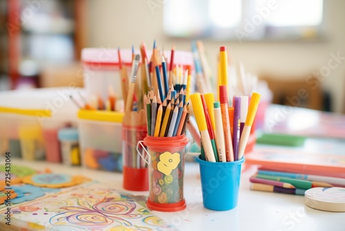 stack of colorful child art supply kit