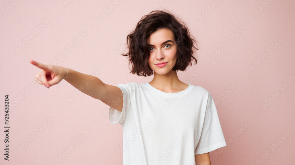 Portrait of beautiful young woman pointing at copy space on pink background Portrait of beautiful young woman pointing at copy space on pink background