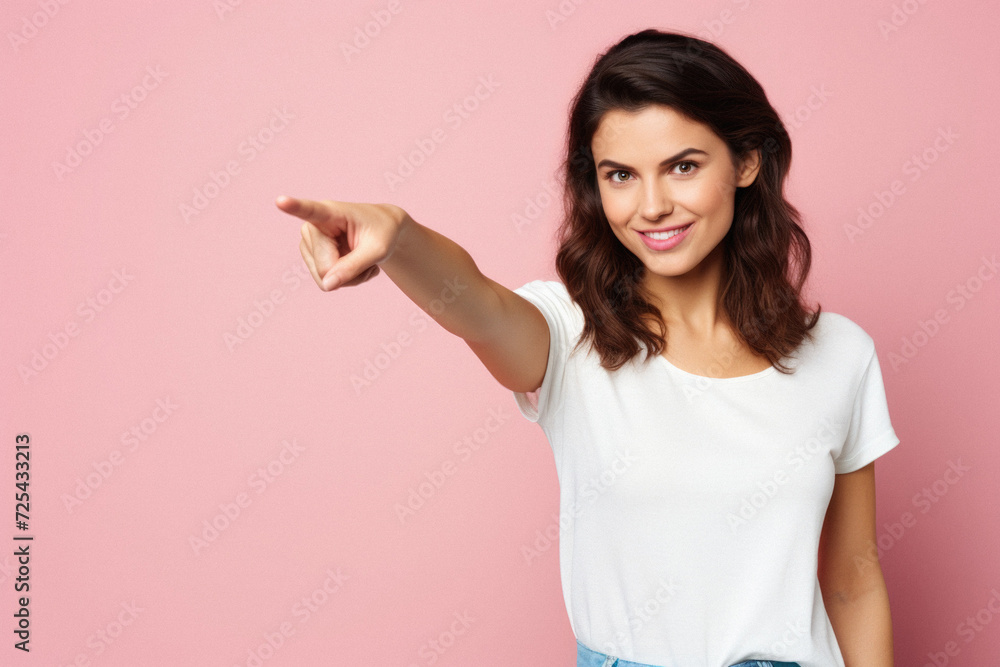 Portrait of happy smiling young woman pointing at copy space, over pink background Portrait of happy smiling young woman pointing at copy space, over pink background