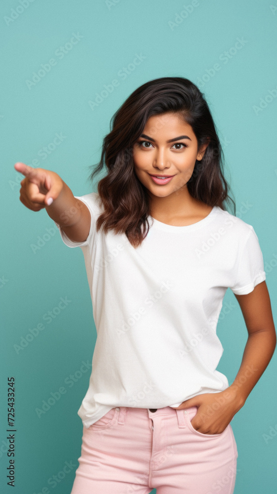 Portrait of smiling asian woman pointing with finger at camera isolated on blue Portrait of smiling asian woman pointing with finger at camera isolated on blue