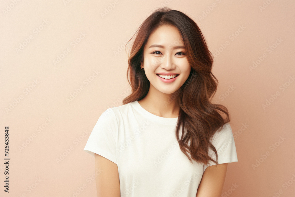 Young happy smiling Asian woman model wearing tshirt looking at camera on color background. Face skin hair care korean cosmetic and makeup, fashion ads. Beauty portrait. White t-shirt mock up template Young happy smiling Asian woman model wearing tshirt looking at camera on color background. Face skin hair care korean cosmetic and makeup, fashion ads. Beauty portrait. White t-shirt mock up template