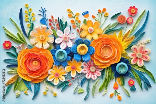quilling paper art arranged in floral patterns